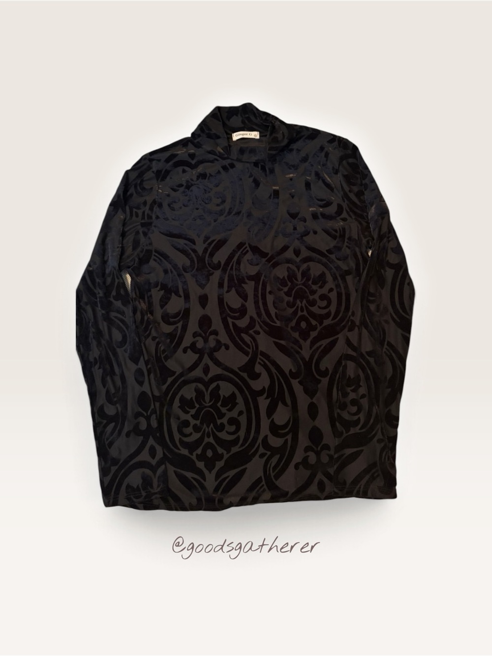Ginger G Black Velvet Burnout Damask Mock Neck Top Size L Gothic Sheer Y2K